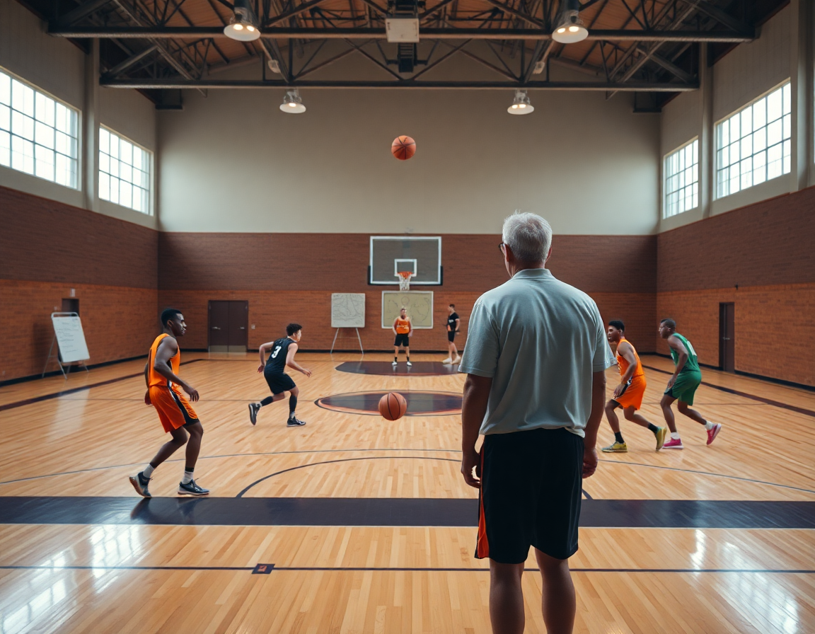 Entrenadores revisan ejercicios ataque contra zona baloncesto en la tabla táctica durante entrenamiento intenso.