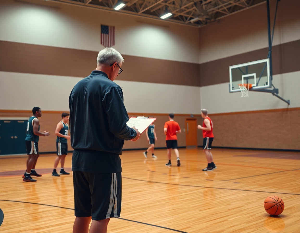 baloncesto cantera en movimiento: jugadores realizan una secuencia de pases y cortes bajo iluminación.