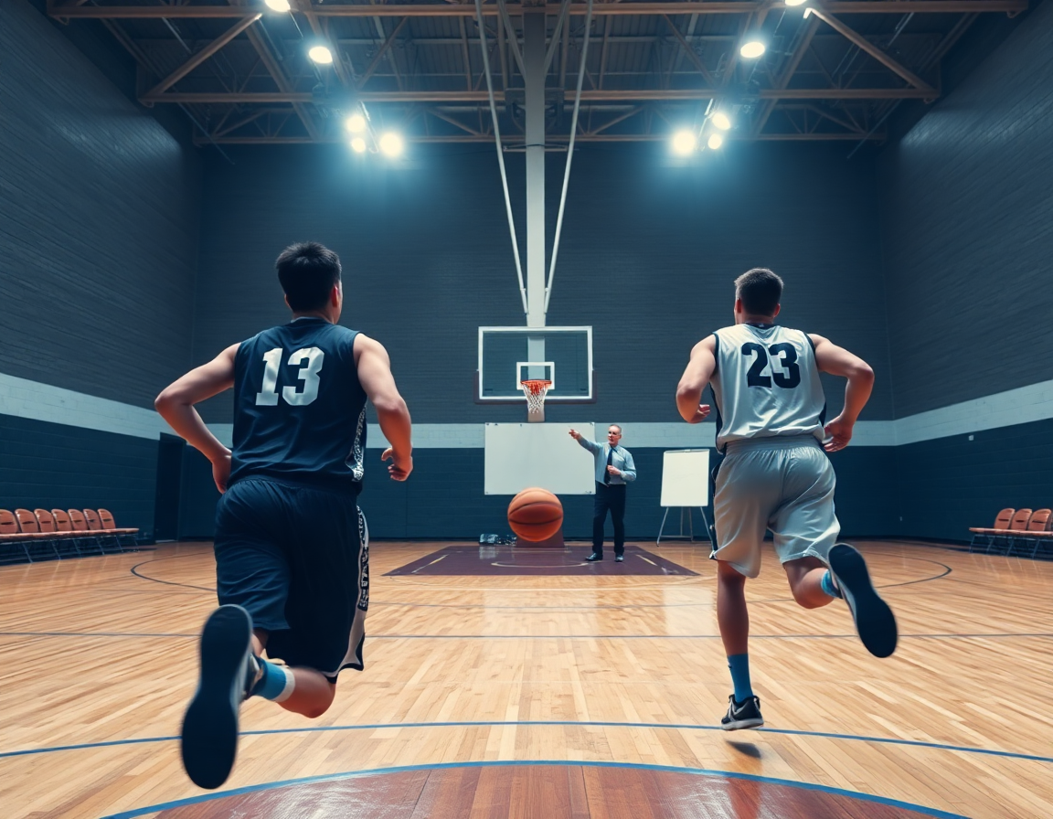 Baloncesto como deporte se ve en la práctica; entrenador orienta a jugadores durante ejercicios.