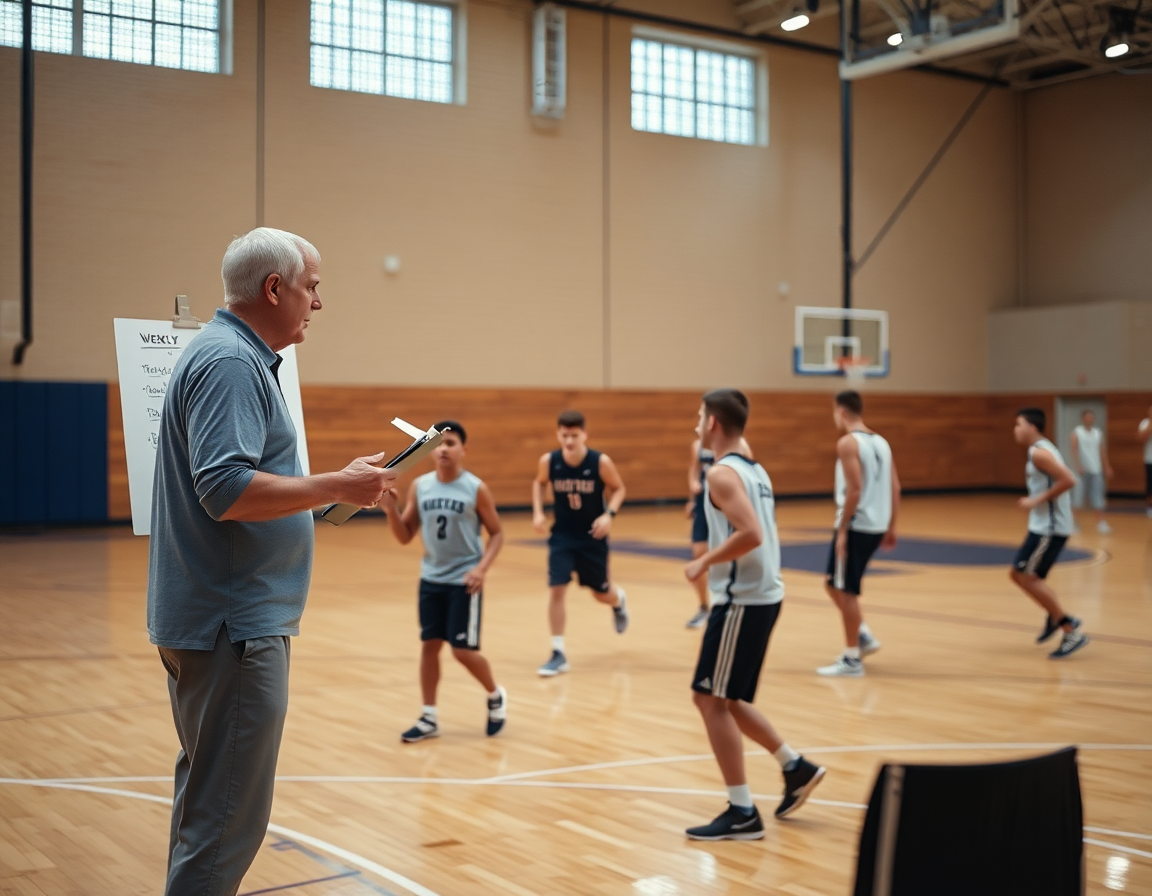 Baloncesto como deporte se organiza: entrenador explica flujo semanal mientras todos practican.