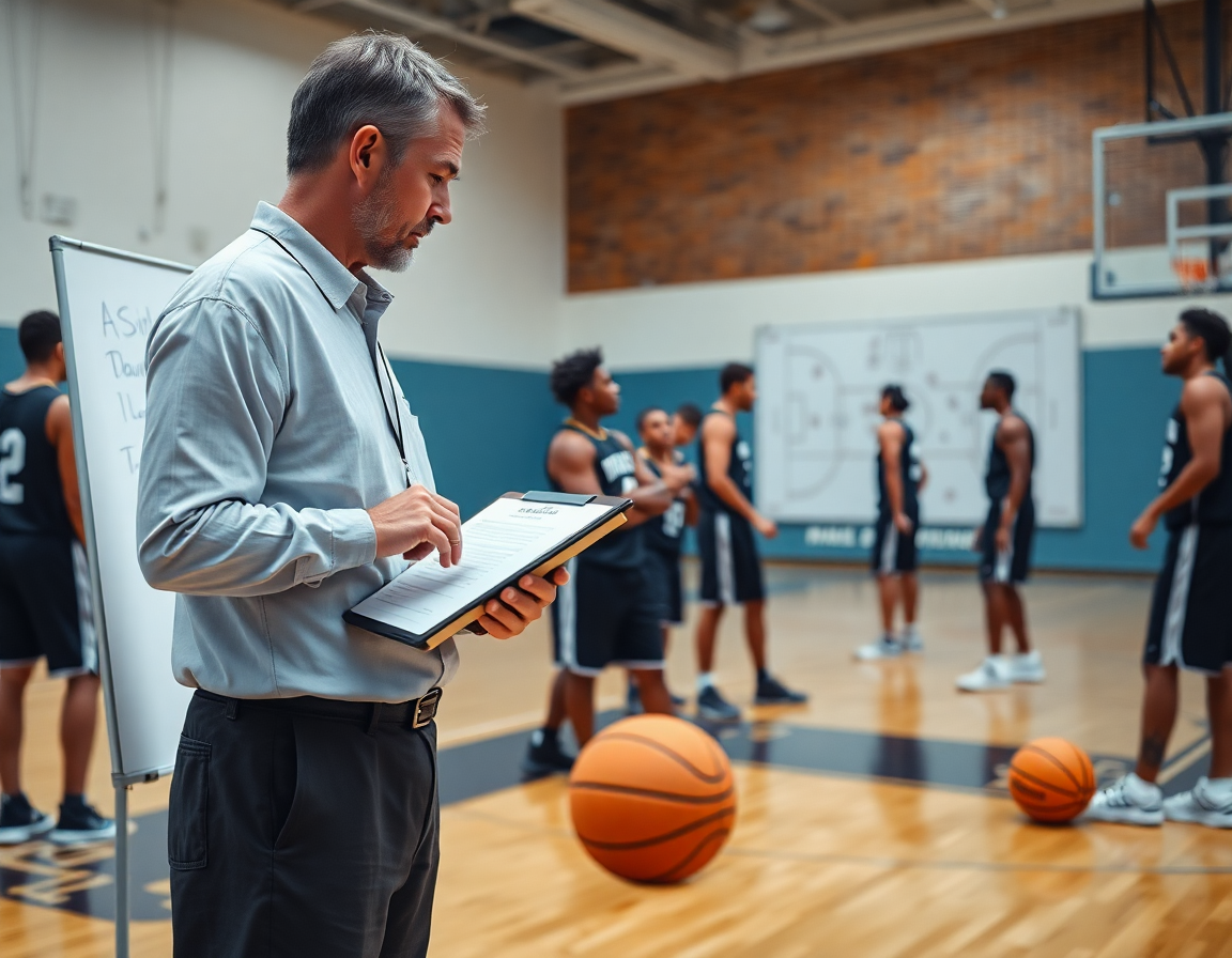 El entrenador con clipboard revisa notas de scouting en inglés junto a jugadores en la cancha de baloncesto.