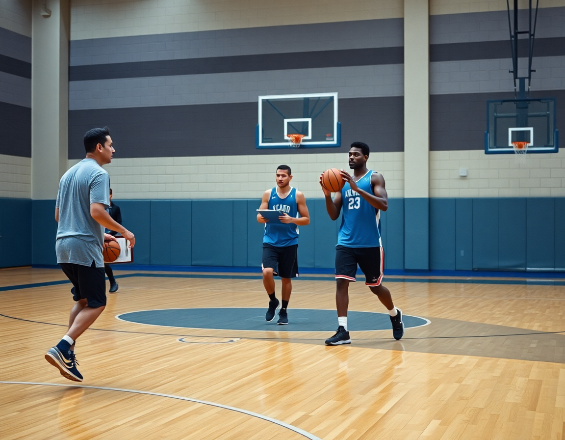 Tres jugadores practican pases rápidos mientras el entrenador señala conceptos de baloncesto como se escribe durante la sesión.