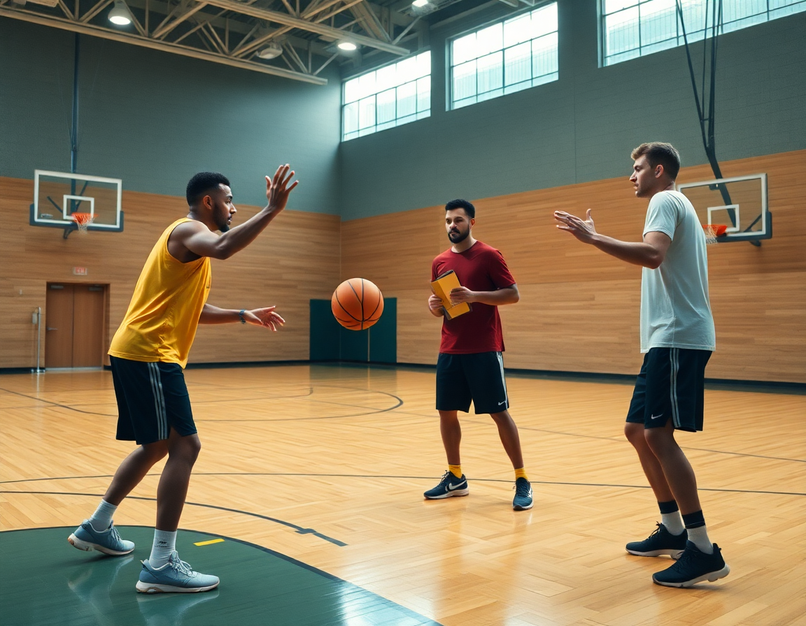 Primer plano de baloncesto como se juega con dos jugadores practicando pases en un gimnasio.