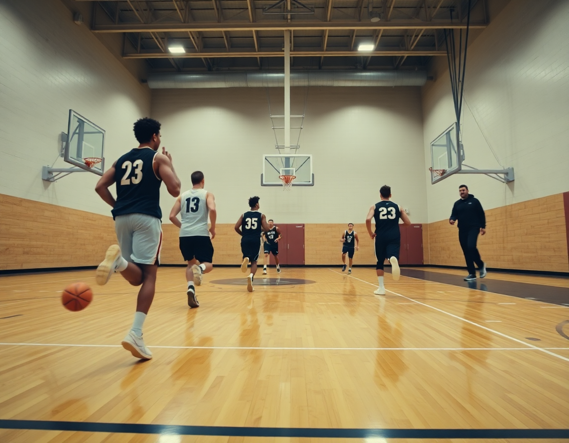 baloncesto cómo va el real madrid: vista lateral de un full-court drill con pase y movimiento.