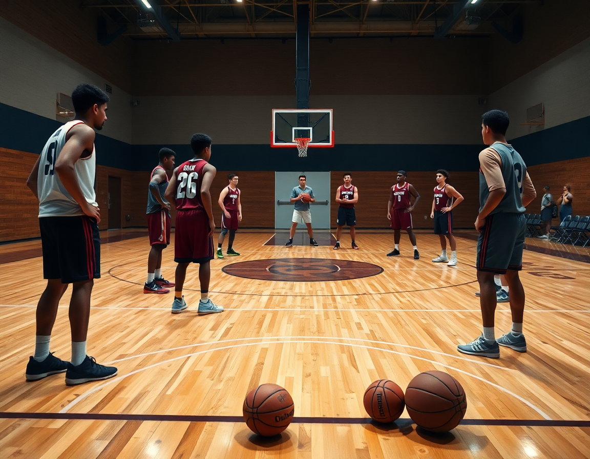 Primer plano de baloncesto defensa en zona durante un drill, entrenador guía las rotaciones en la cancha.