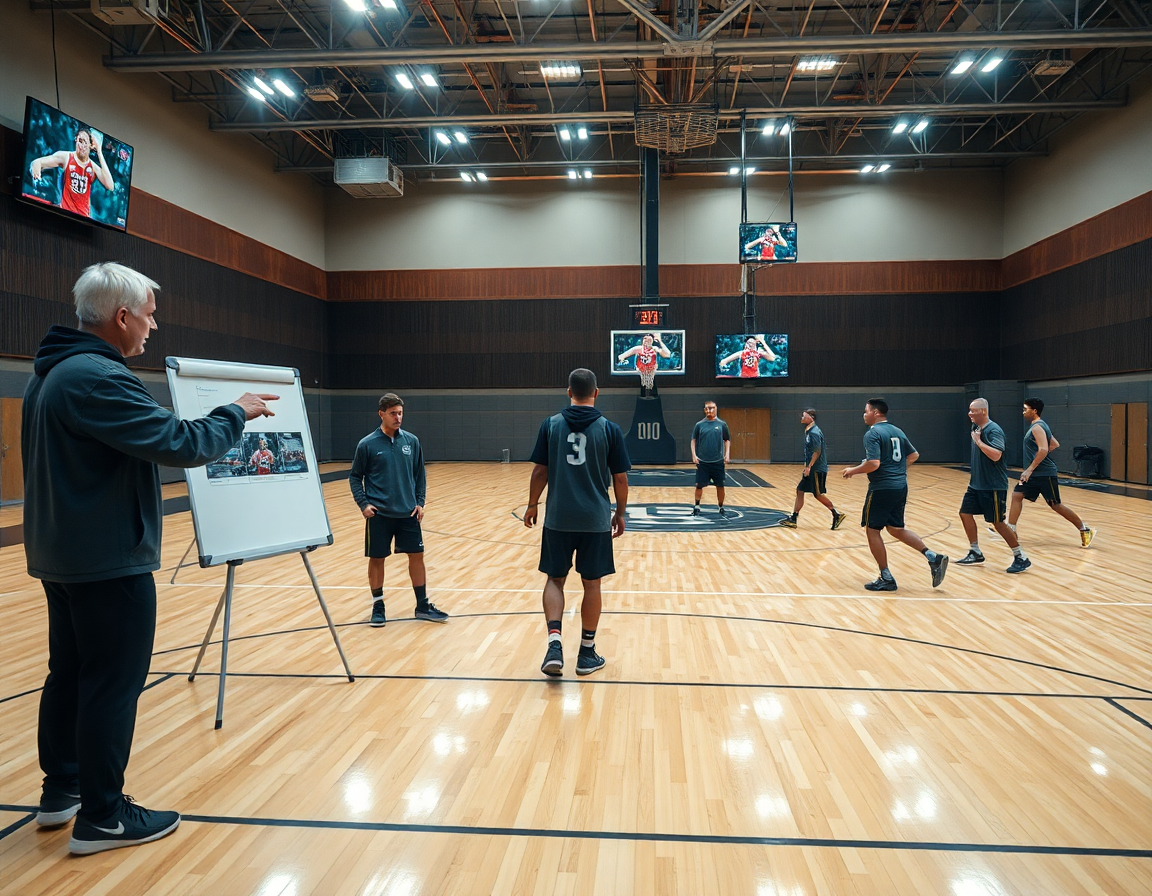 El equipo revisa baloncesto en la tele y luego practica ejercicios de baloncesto en la cancha.