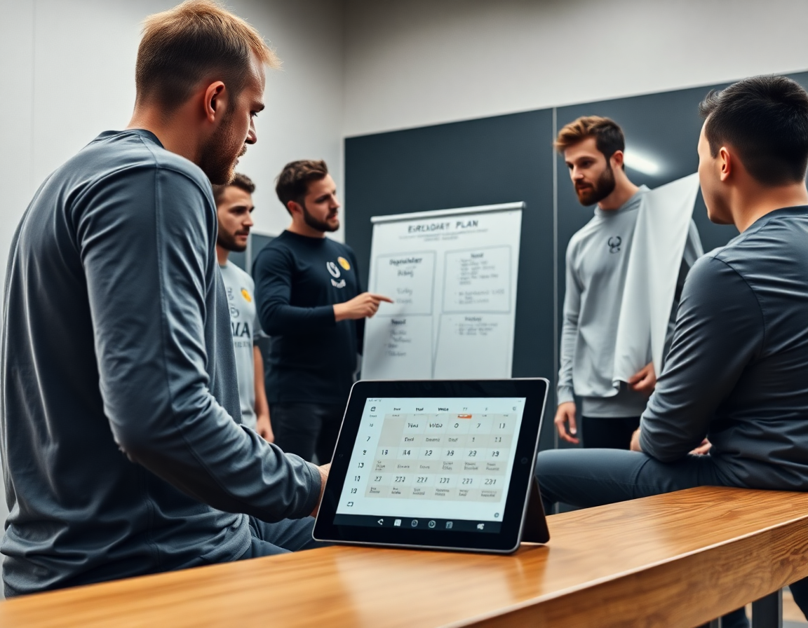 Plano cercano del plan semanal de baloncesto euroliga sobre la pizarra, entrenador señalando.