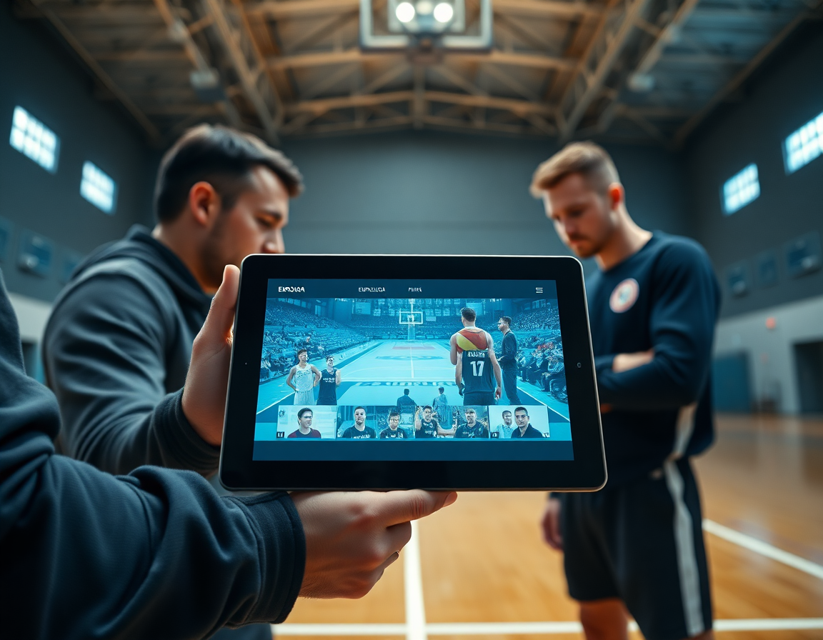 Primer plano de tablet mostrando clips de baloncesto euroliga para revisión del equipo.