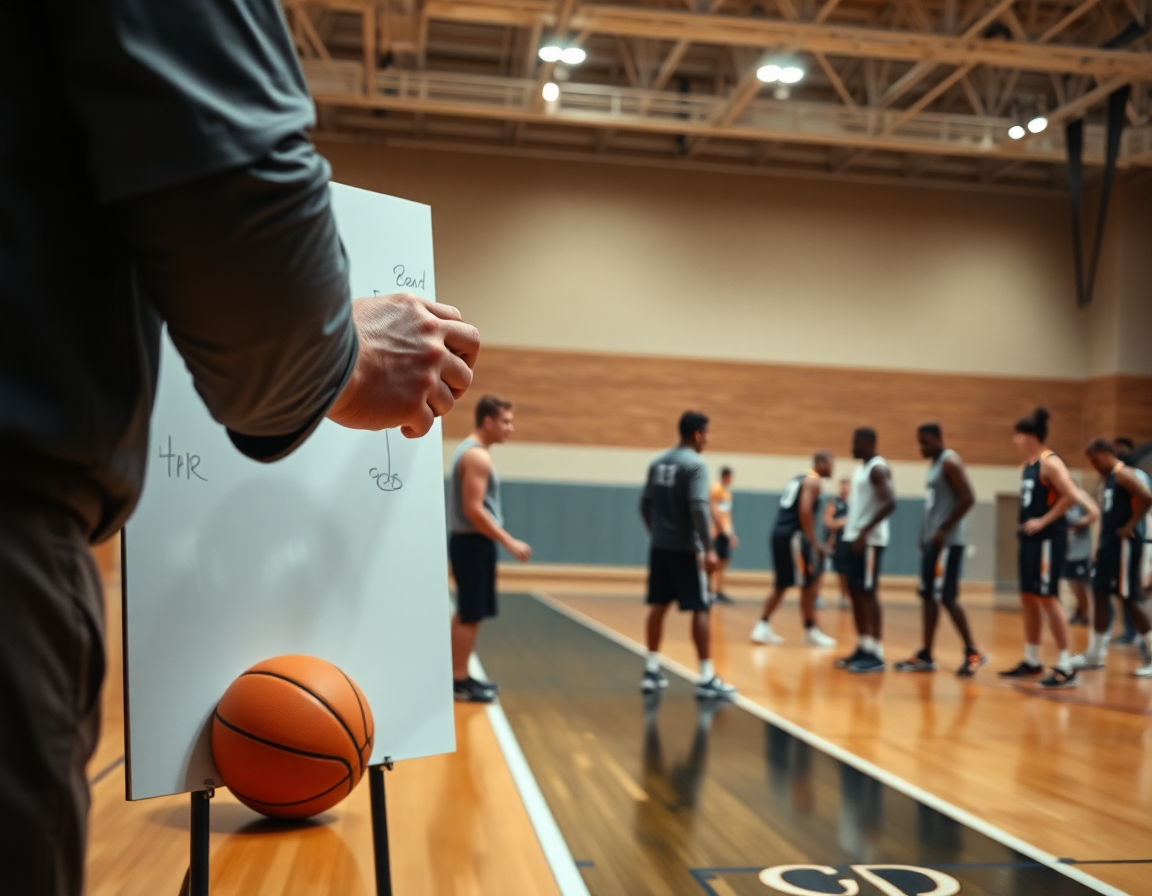 Primer plano de baloncesto hoy: el entrenador dibuja una jugada mientras estudian baloncesto hoy.