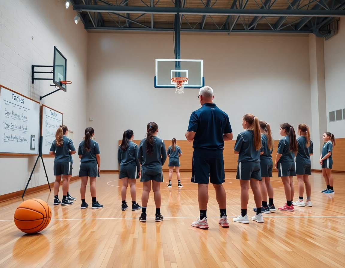 baloncesto infantil femenino zaragoza: entrenador dirige desde la banda mientras niñas observan con espaldas a la cámara.