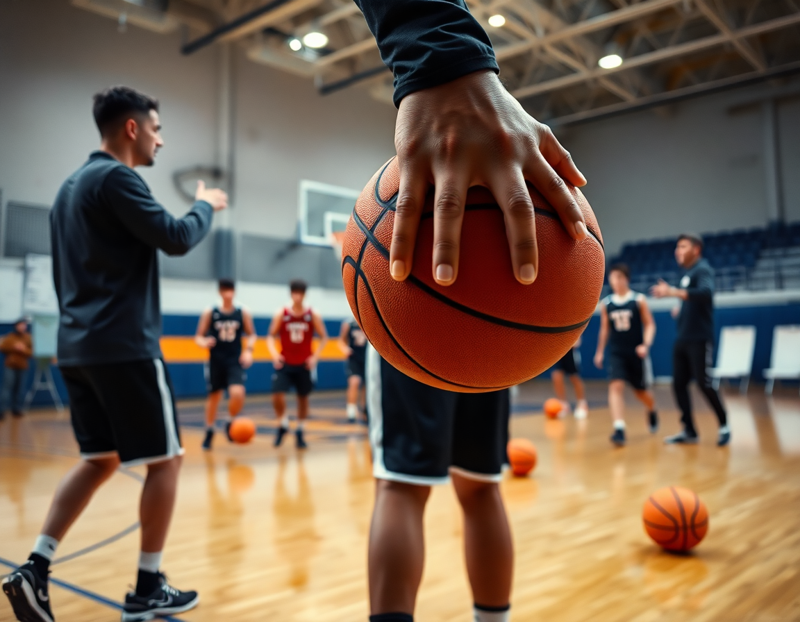 Primer plano de baloncesto infantil: entrenador enseña jugadas mientras jugadores pasan y lanzan baloncesto.