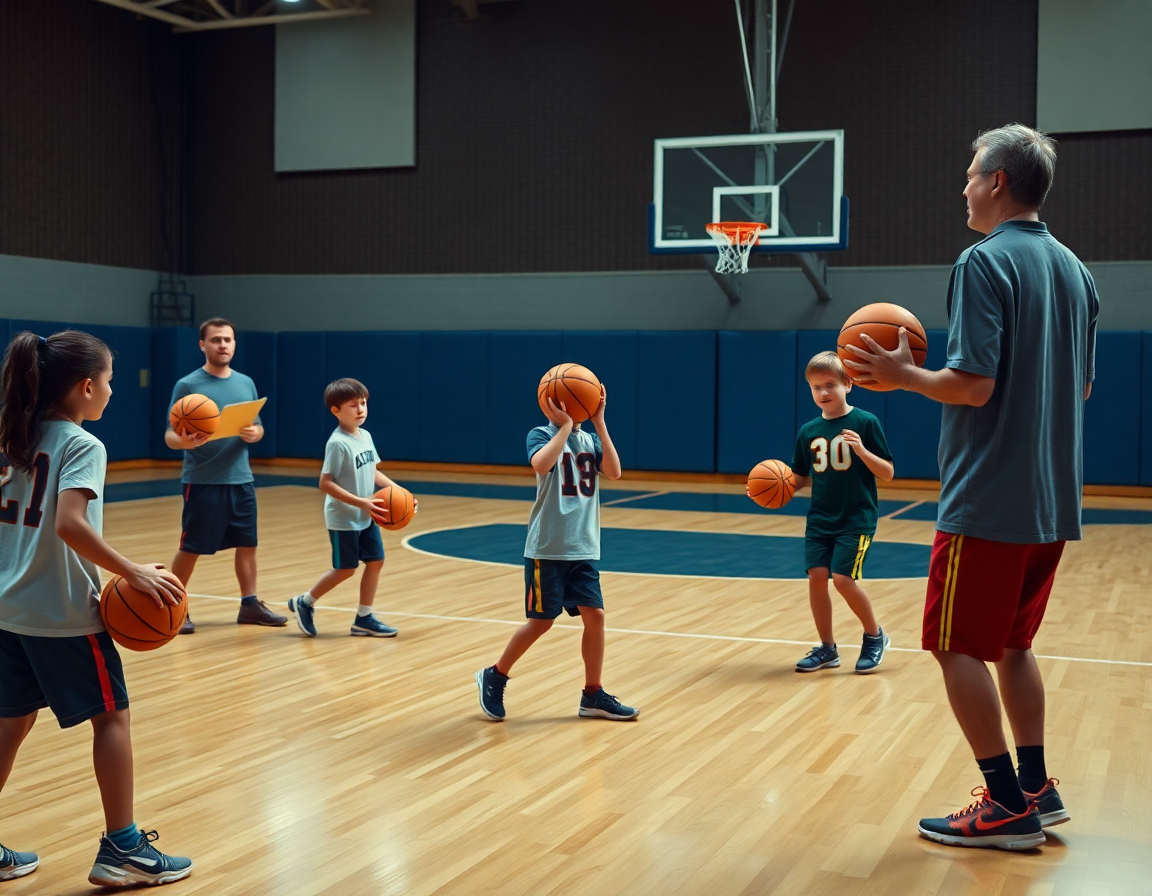 Plano medio de baloncesto infantil con varias jugadoras jóvenes entrenando, baloncesto en mano.