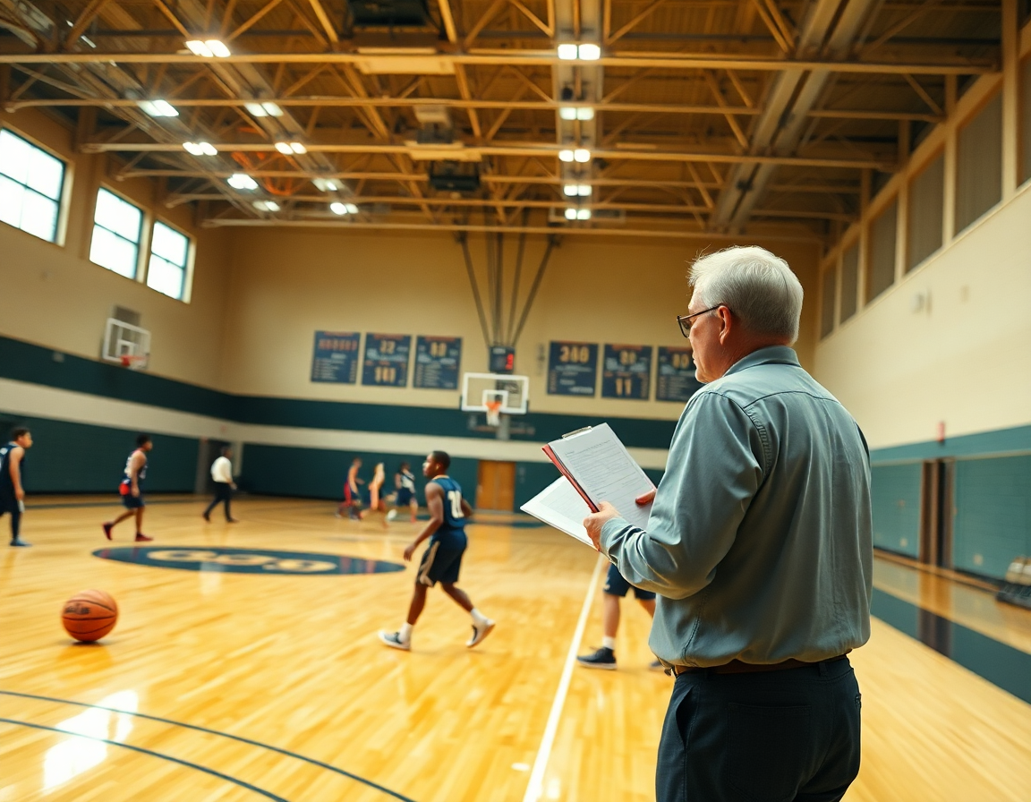 Escena dinámica de baloncesto infantil en pleno juego, entrenadores y jugadores moviéndose coordinadamente.