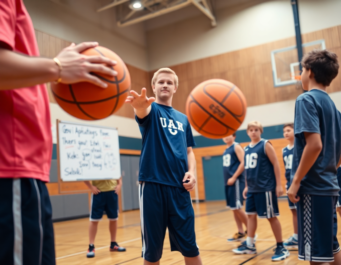 Primer plano de baloncesto juvenil durante entrenamiento, entrenador con pizarra y balón naranja.