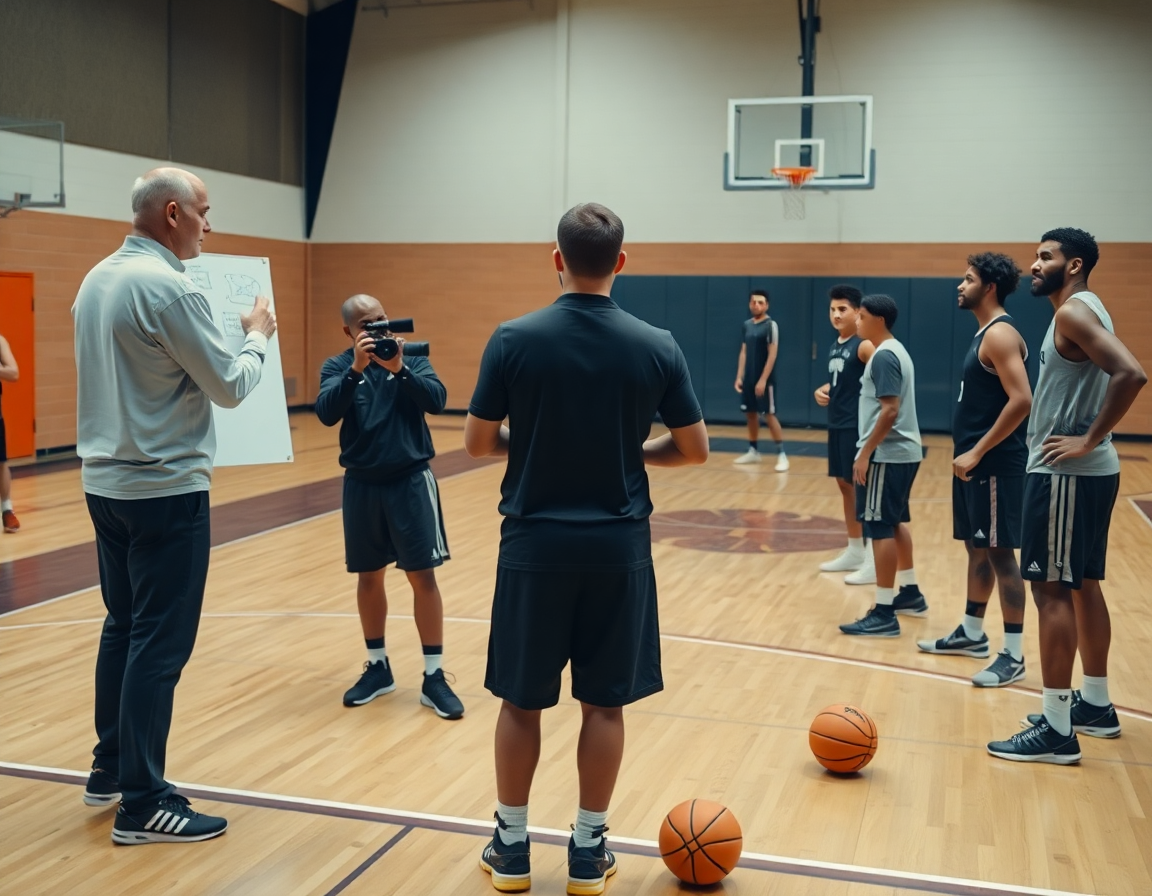 Plano medio de baloncesto juvenil con entrenador explicando espaciado y juego en la pizarra.