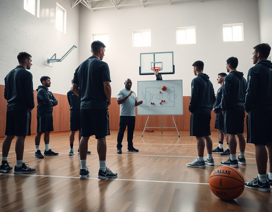 Escena de baloncesto pivot alero y base: entrenador explica roles sobre la cancha.