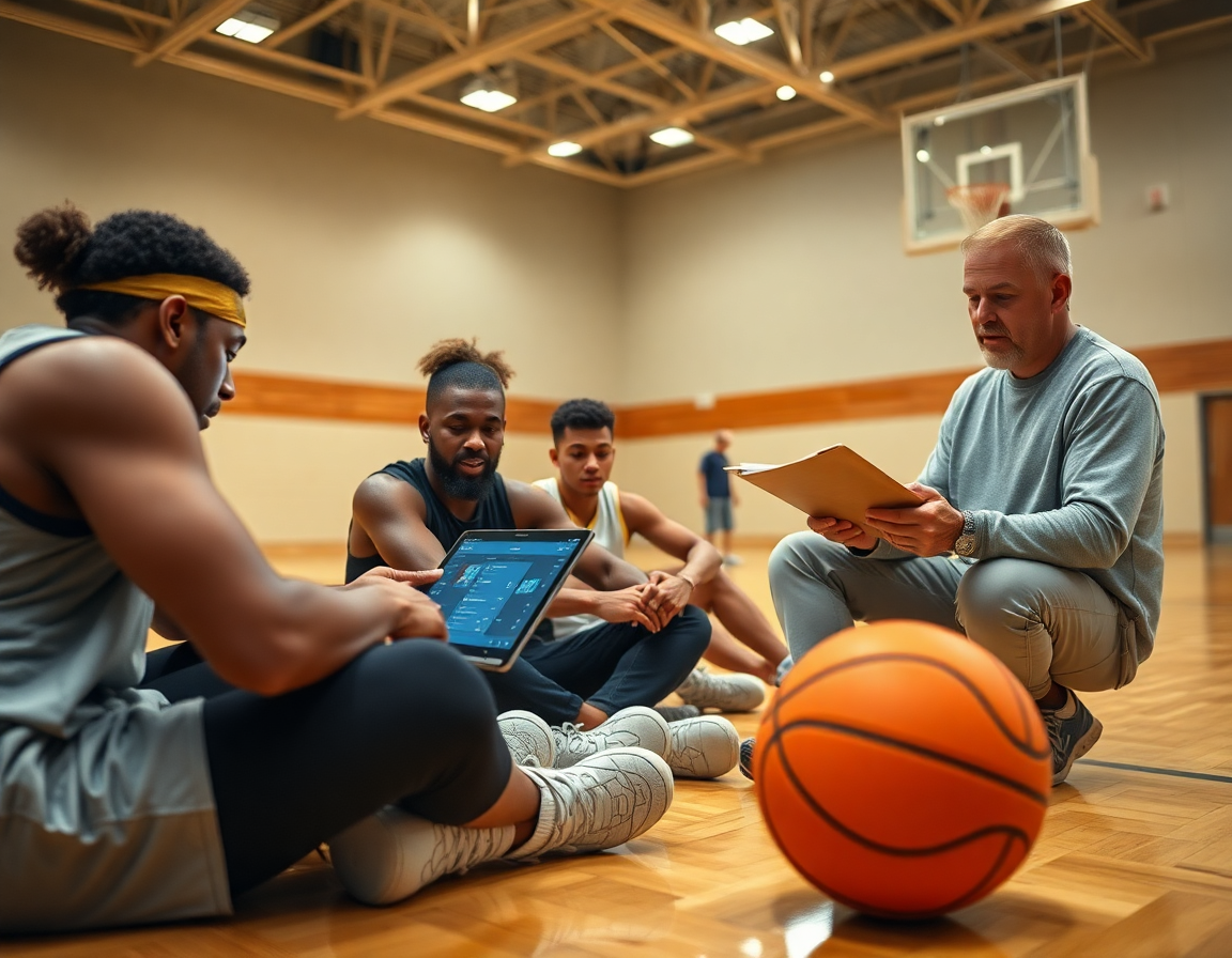 Jugadores navegan por listas de reproducción de baloncesto mientras el entrenador coordina.