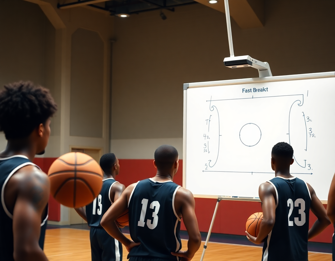 Técnicas de baloncesto ilustrando una jugada, con entrenador explicando baloncesto a los jugadores.