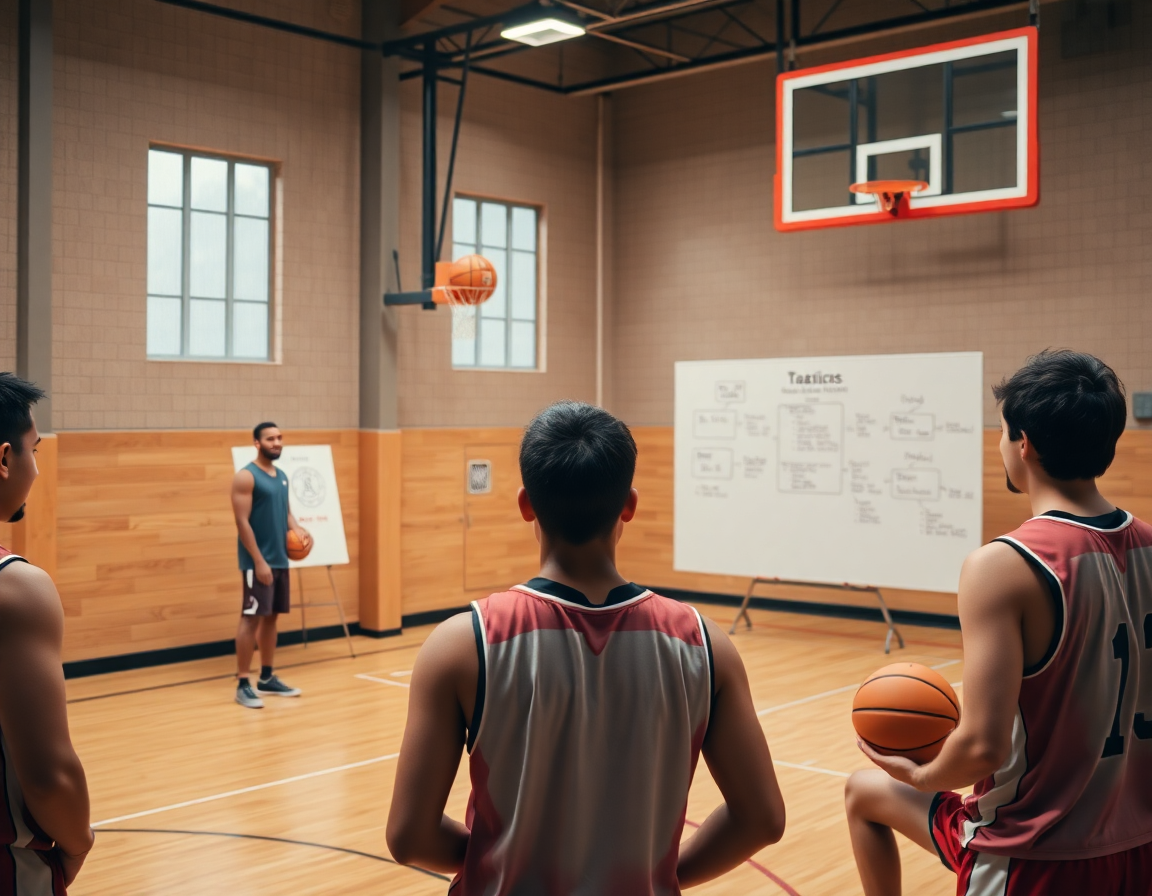 Alt: basket como se juega y reglas se explican a jugadores en una cancha de baloncesto durante la práctica.
