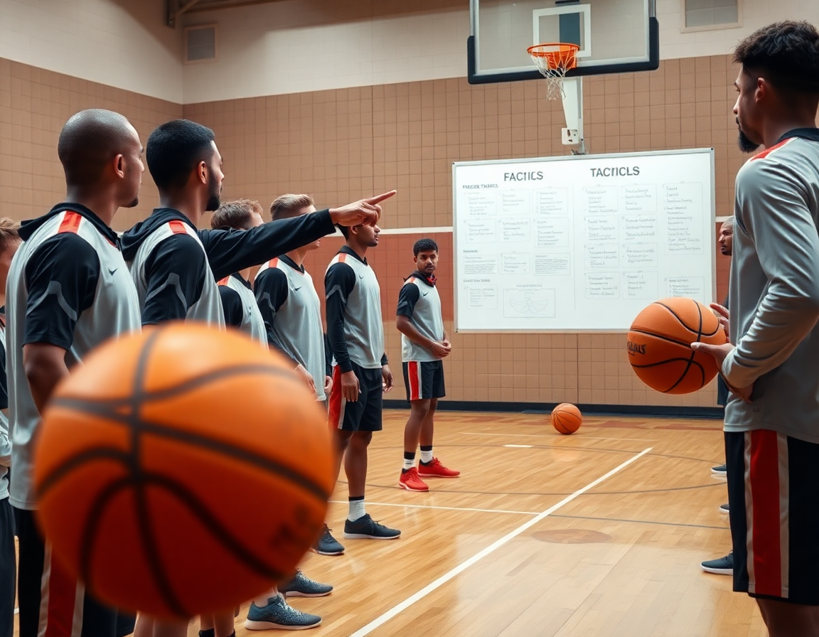 Primer plano del entrenador mostrando tácticas en la pizarra mientras entran a canasta durante basket