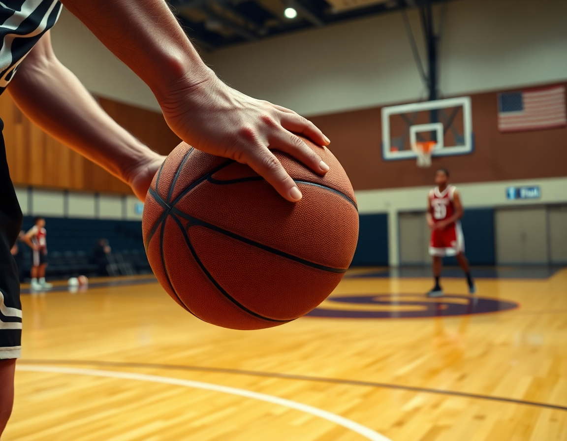 Manos de jugador driblando la pelota de baloncesto junto a la cancha de basket, iluminación de gimnasio