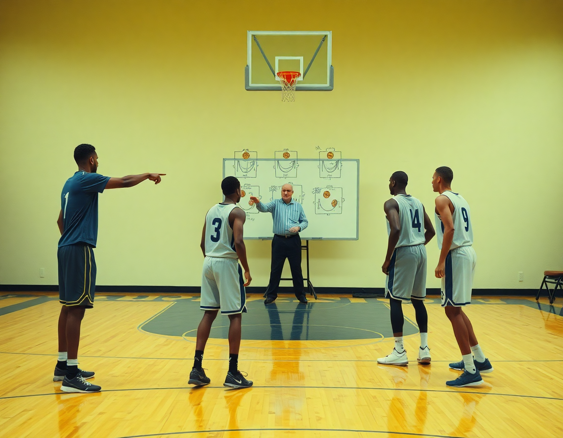 Entrenador señala un tablero con diagramas de baloncesto mientras jugadores ejecutan una pantalla y rodaje.