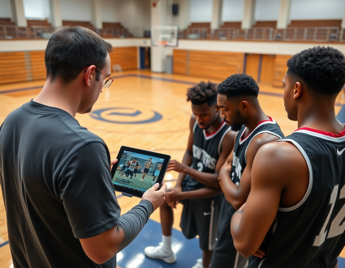 Entrenador y jugadores revisan clips de scouting en una tableta durante baloncesto, bloqueo baloncesto en ingles visible.