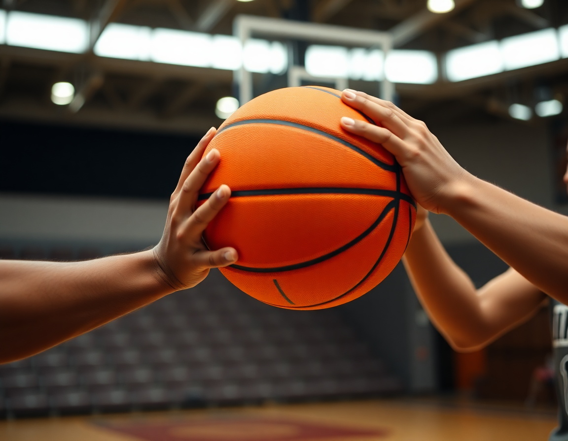 Plano cercano de bloqueo directo baloncesto ejercicios: manos, balón y defensa durante una sesión intensa.