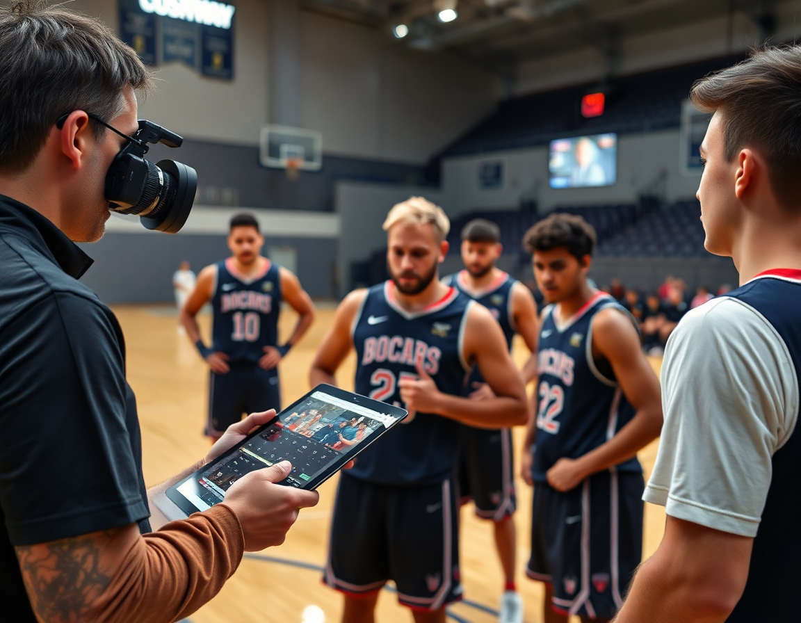 Cámara registra al entrenador mostrando clips y organizando el análisis de bloqueo directo baloncesto ejercicios.