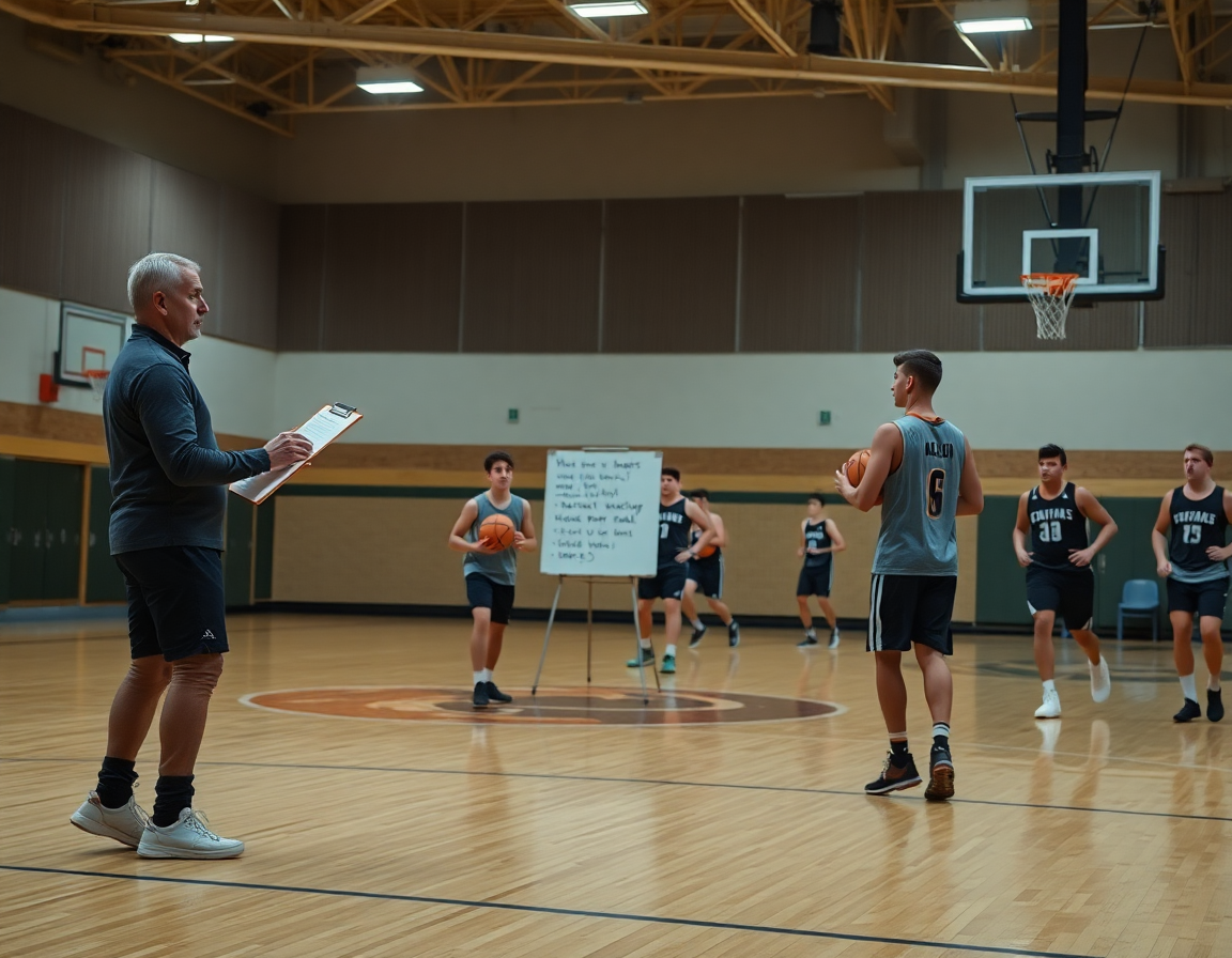 Calentamiento baloncesto cadete en pista interior con entrenador, jugadores estirando y balón naranja.