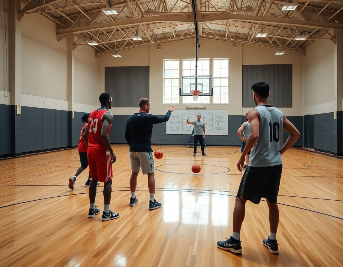 Integrar técnica y táctica en calentamiento baloncesto cadete sobre la cancha, entrenador con pizarra.