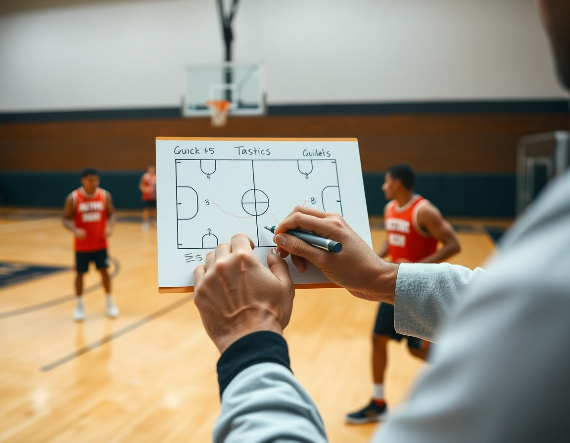 Primer plano del entrenador con balón de baloncesto dirigiendo calentamiento baloncesto ejercicios en la cancha.