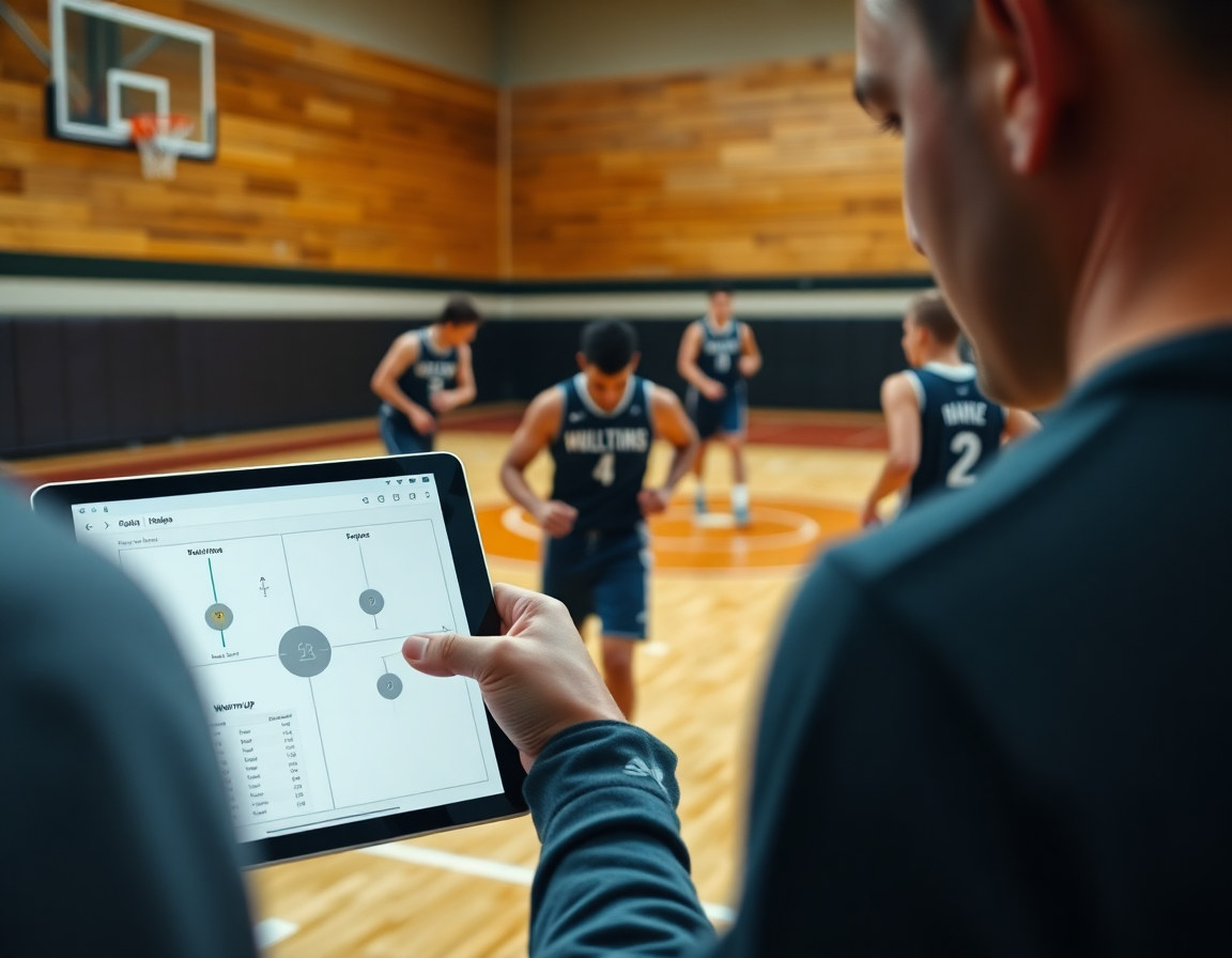 Experto entrenador revisa calentamiento baloncesto ejercicios en una tablet mientras jugadores practican.