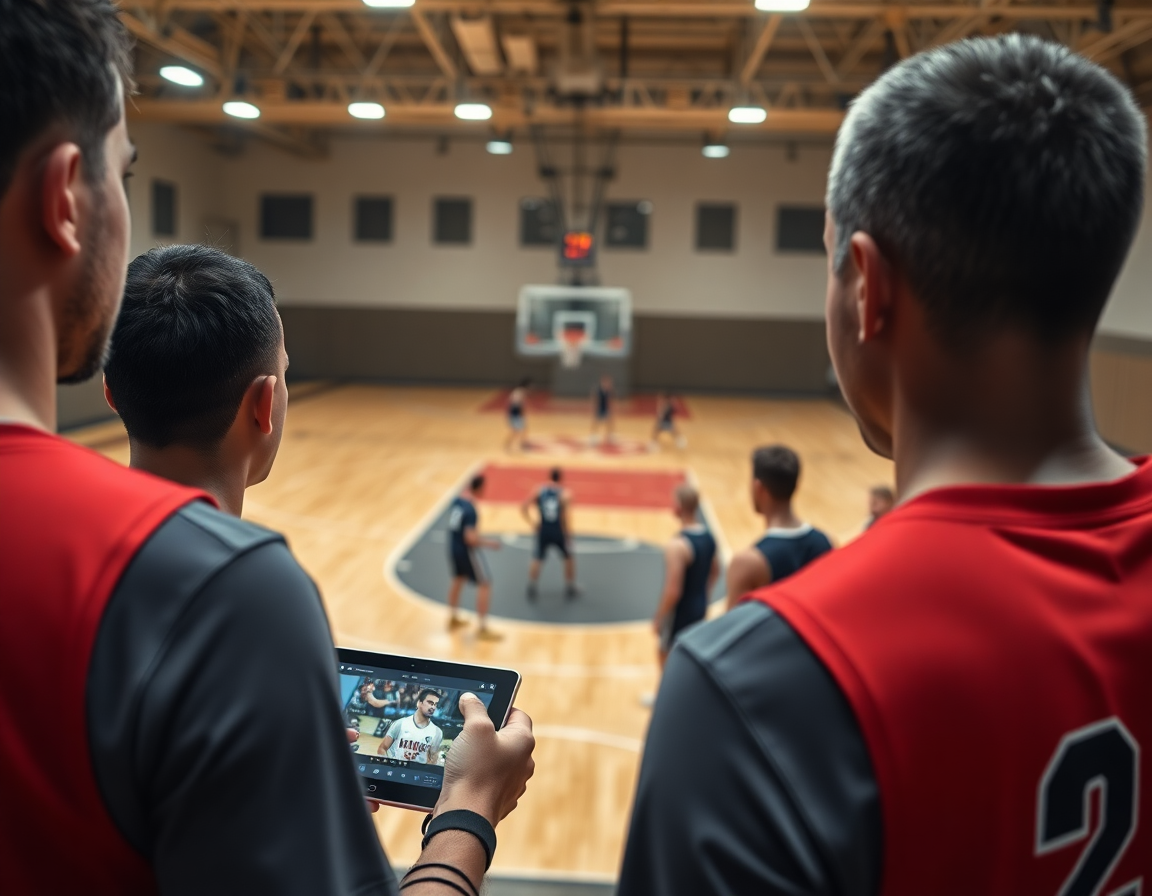 Primer plano de calentamiento baloncesto ejercicios, entrenador mostrando clips en una tablet para corregir.