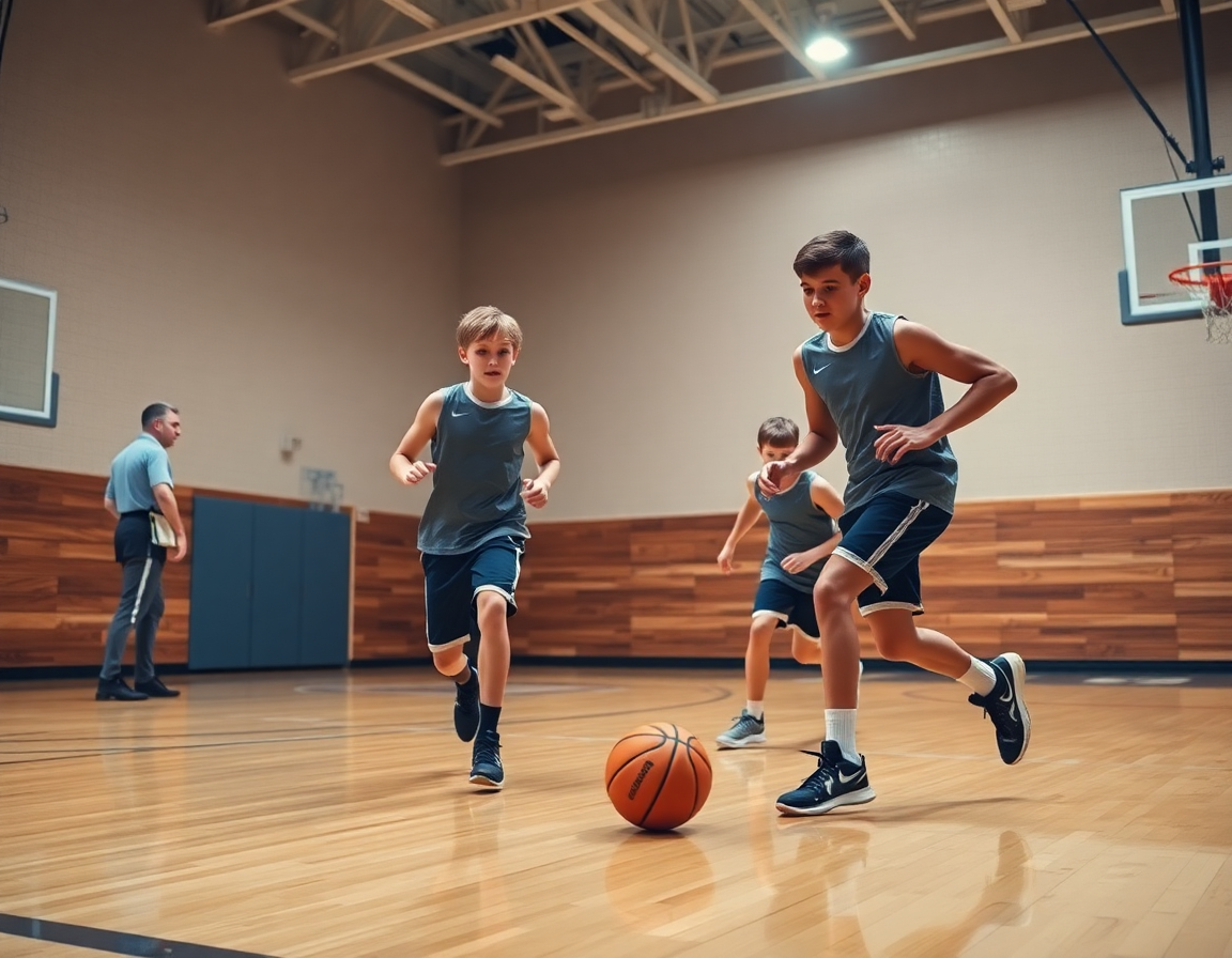 Tres jóvenes jugadores realizan ejercicios de calentamiento baloncesto para niños con pases y sprints.