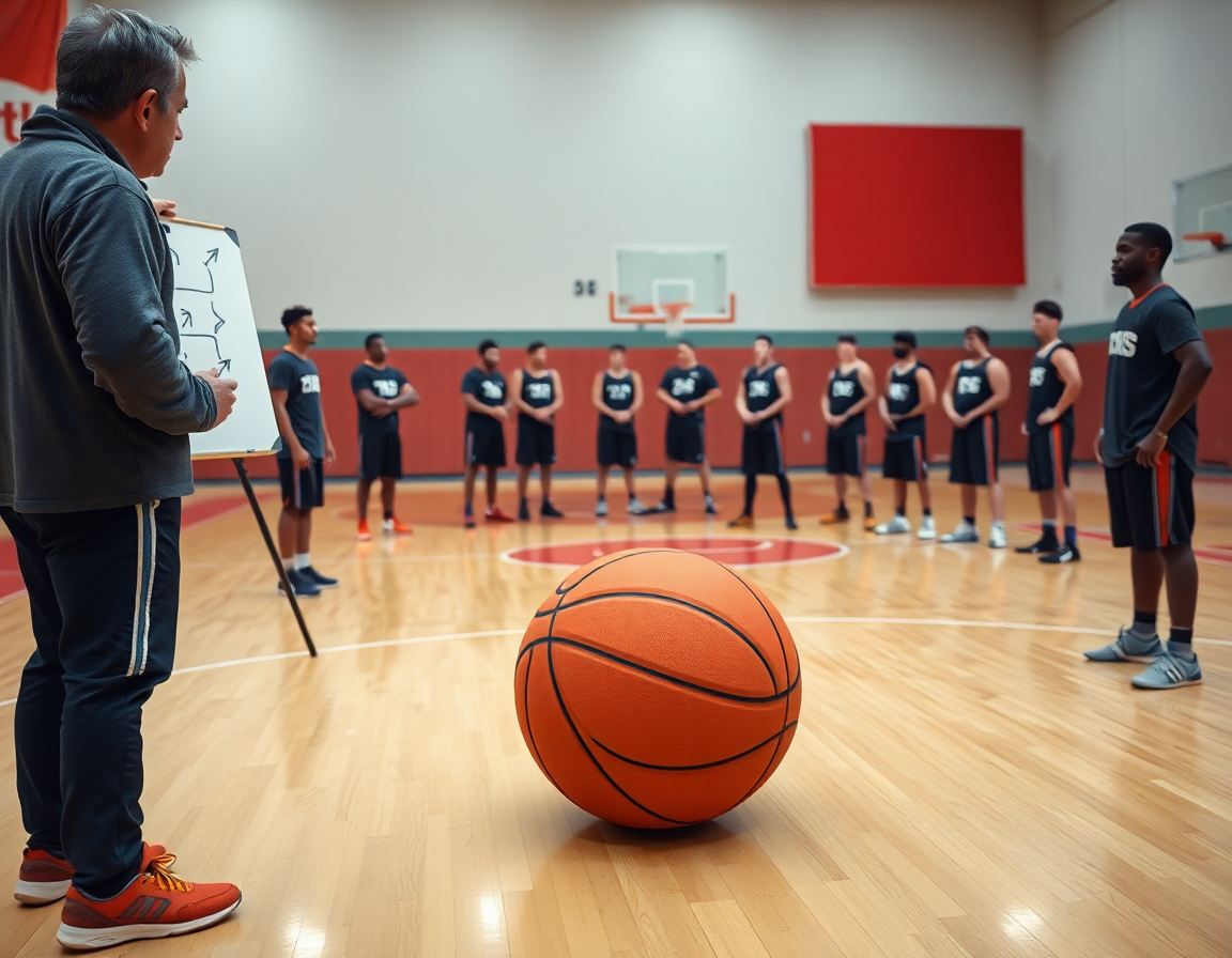 Entrenador explica tácticas en pizarra durante ejercicios de calentamiento baloncesto para niños.