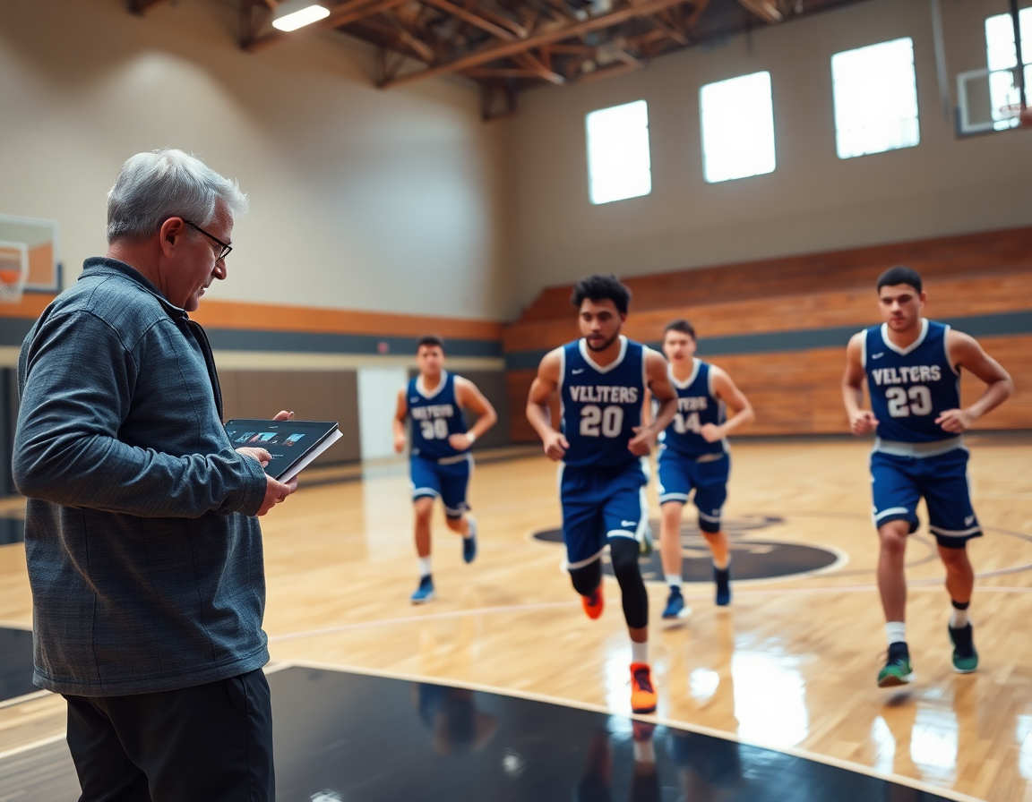 Entrenador revisa videos y notas de ejercicios de calentamiento baloncesto para niños durante el entrenamiento.