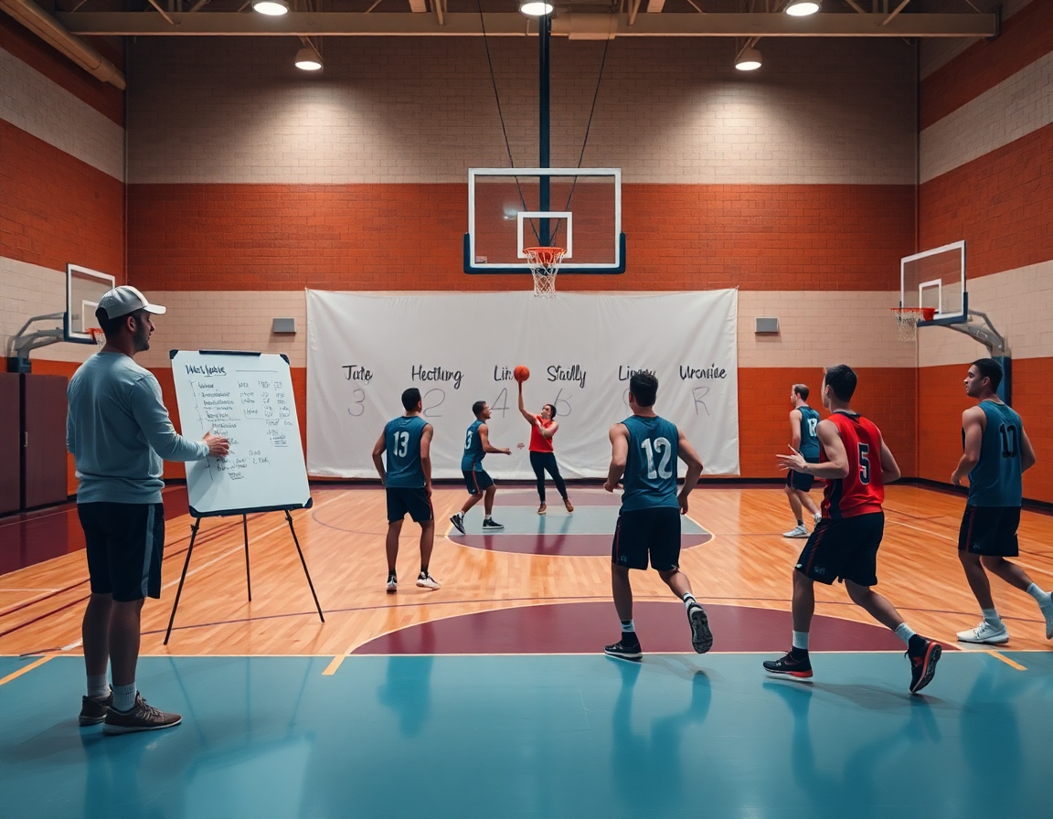 Plano cercano del entrenador señalando una pizarra blanca con el plan semanal de calentamiento especifico baloncesto ejercicios.