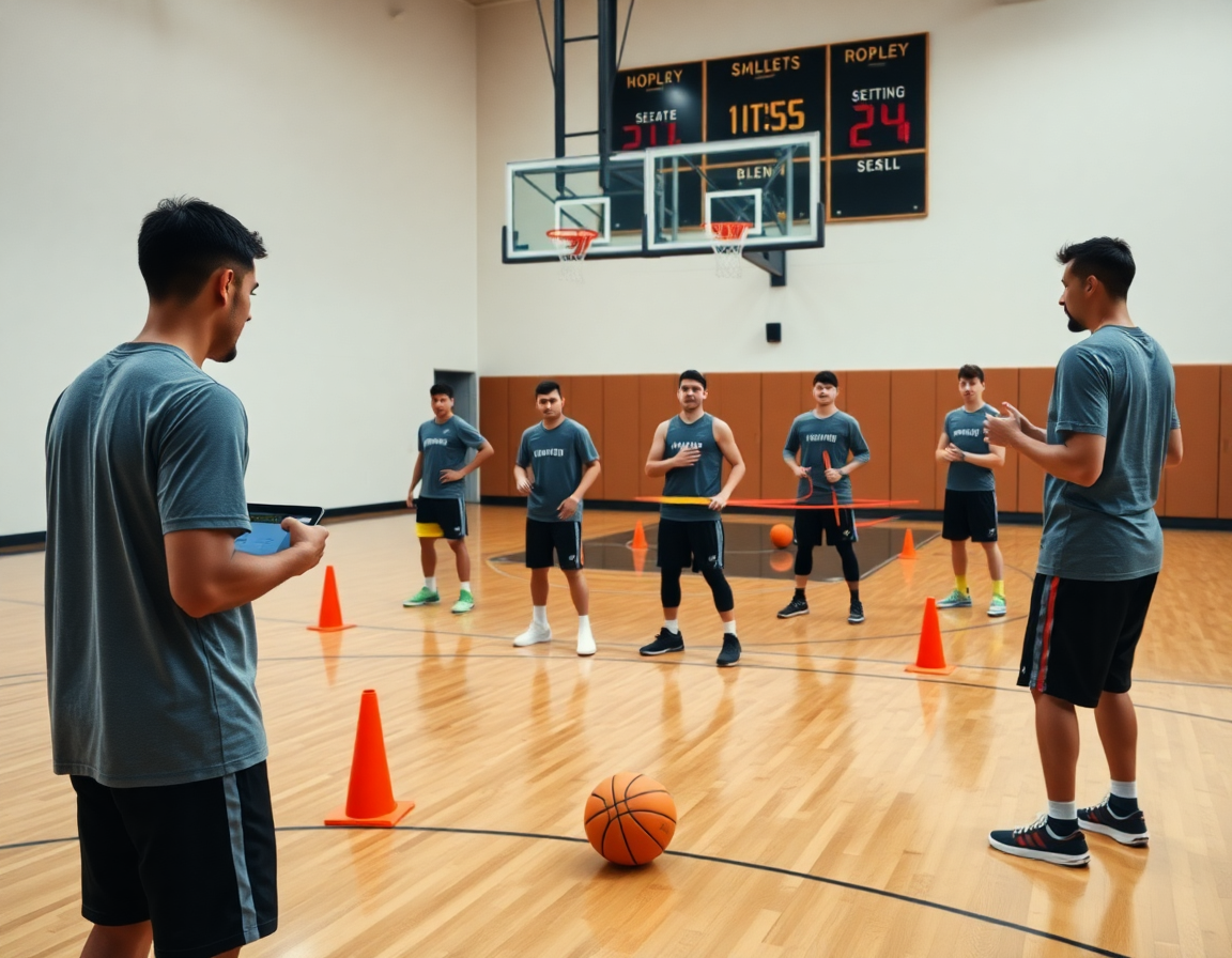 Secuencia de movilidad con bandas y conos durante calentamiento especifico baloncesto ejercicios, con el entrenador observando.