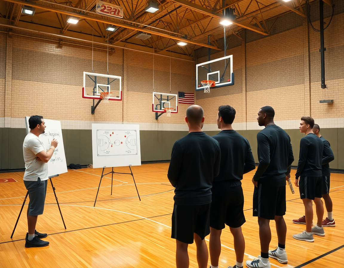 Un coach baloncesto explica una jugada en la pizarra táctica mientras jugadores observan.