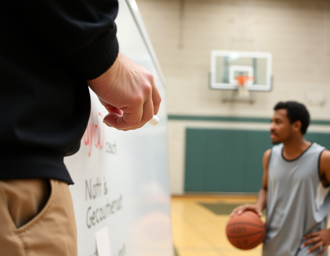 Primer plano de coach basket marcando una jugada en la pizarra, aro al fondo.