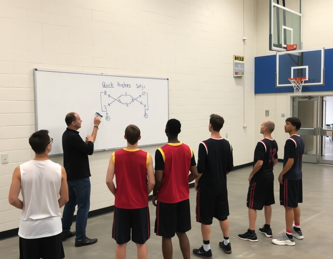 Coach basket dibujando jugadas en la pizarra, jugadores atentos, fondo de sala con concreto.