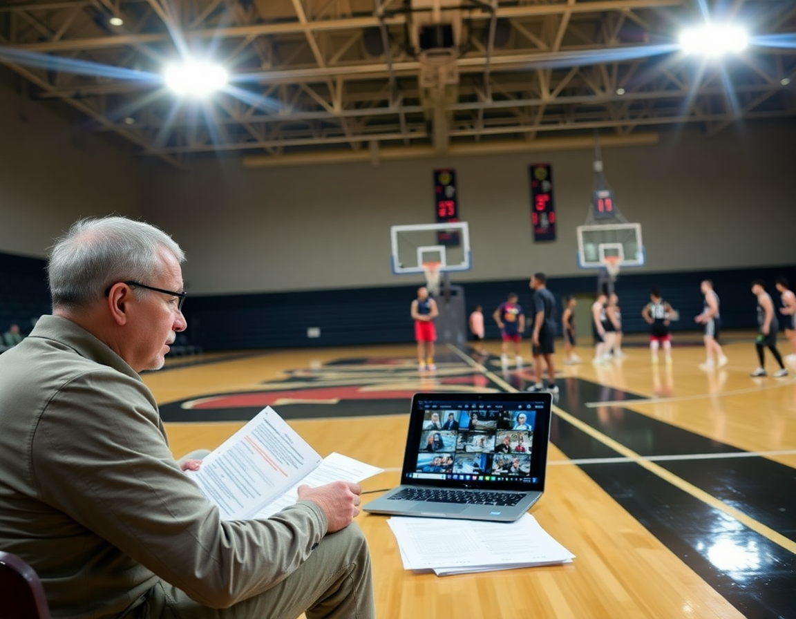 Analista bajo luces de gimnasio revisando scouting y clips, con coach basket y jugadores al fondo.