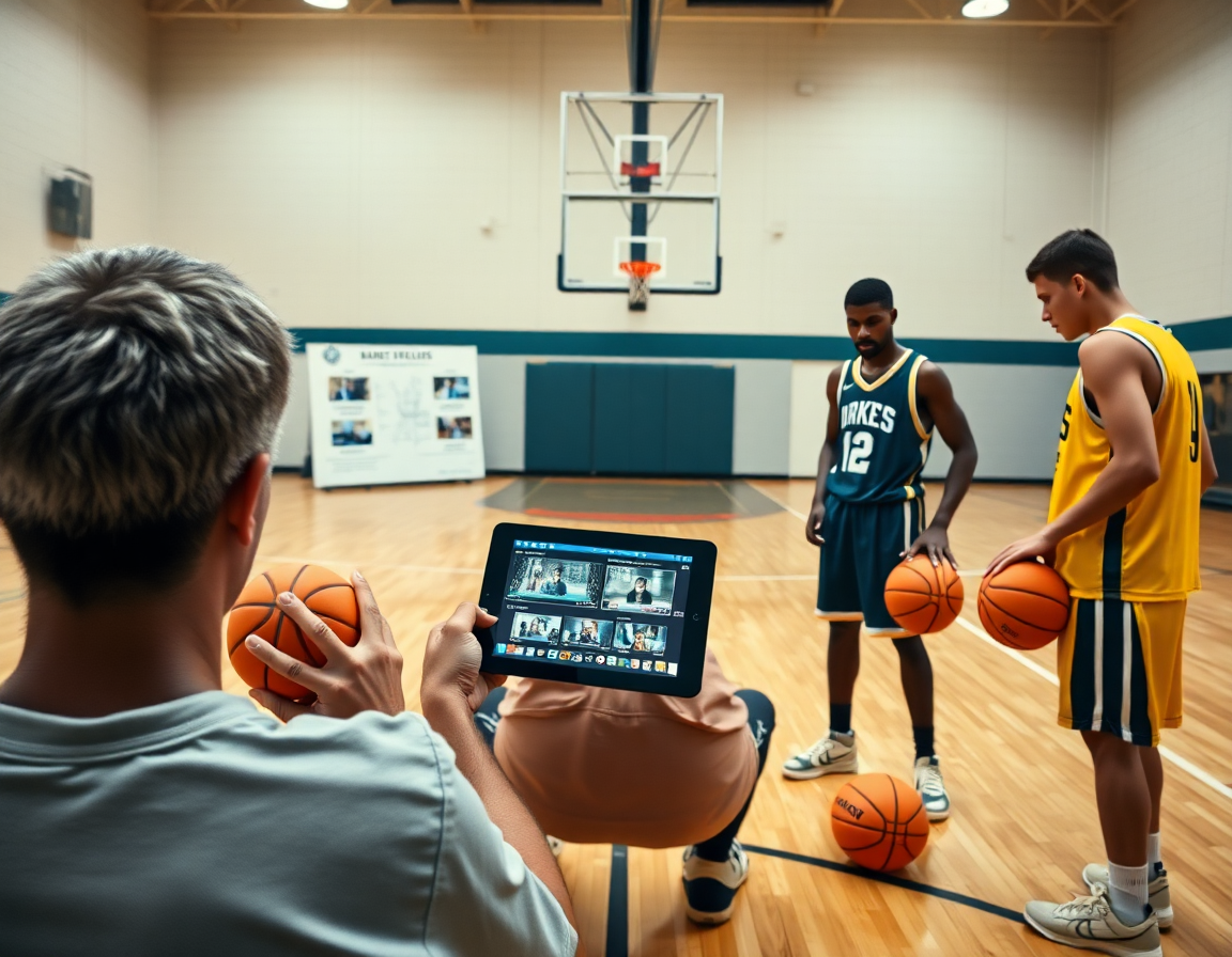 En sesión de planificación, equipo de baloncesto revisa clips para atacar zonas como atacar defensa en zona baloncesto.