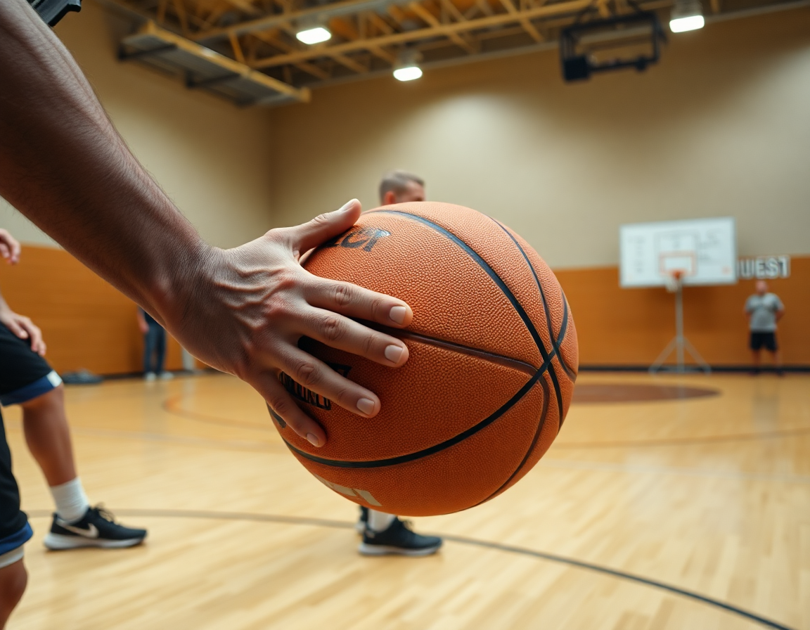 Primer plano de manos con un balón de baloncesto naranja durante un drill de ataque.