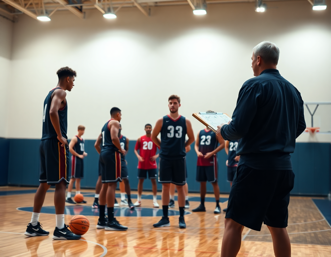 Plano medio del equipo practicando como defender en zona baloncesto, el entrenador usa la pizarra táctica.