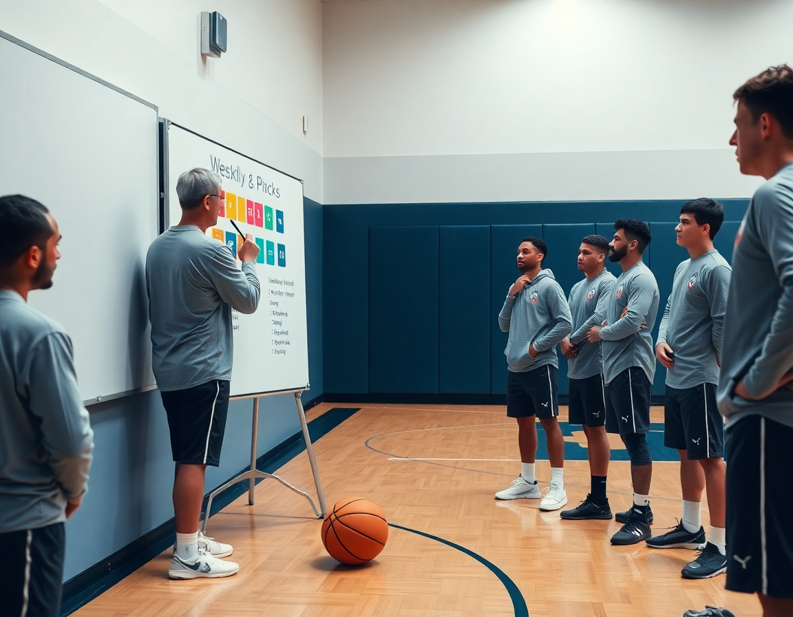 Plano corto para como entrenar baloncesto a niños, entrenador explicando la semana a los jóvenes.