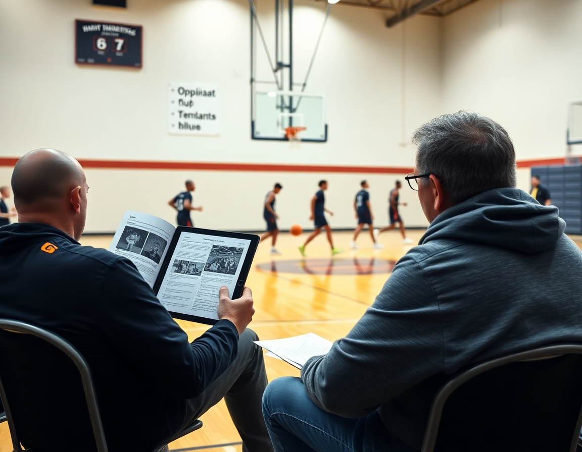 Vistazo de scouting para como entrenar baloncesto a niños, tablero con datos y jugadores observando.