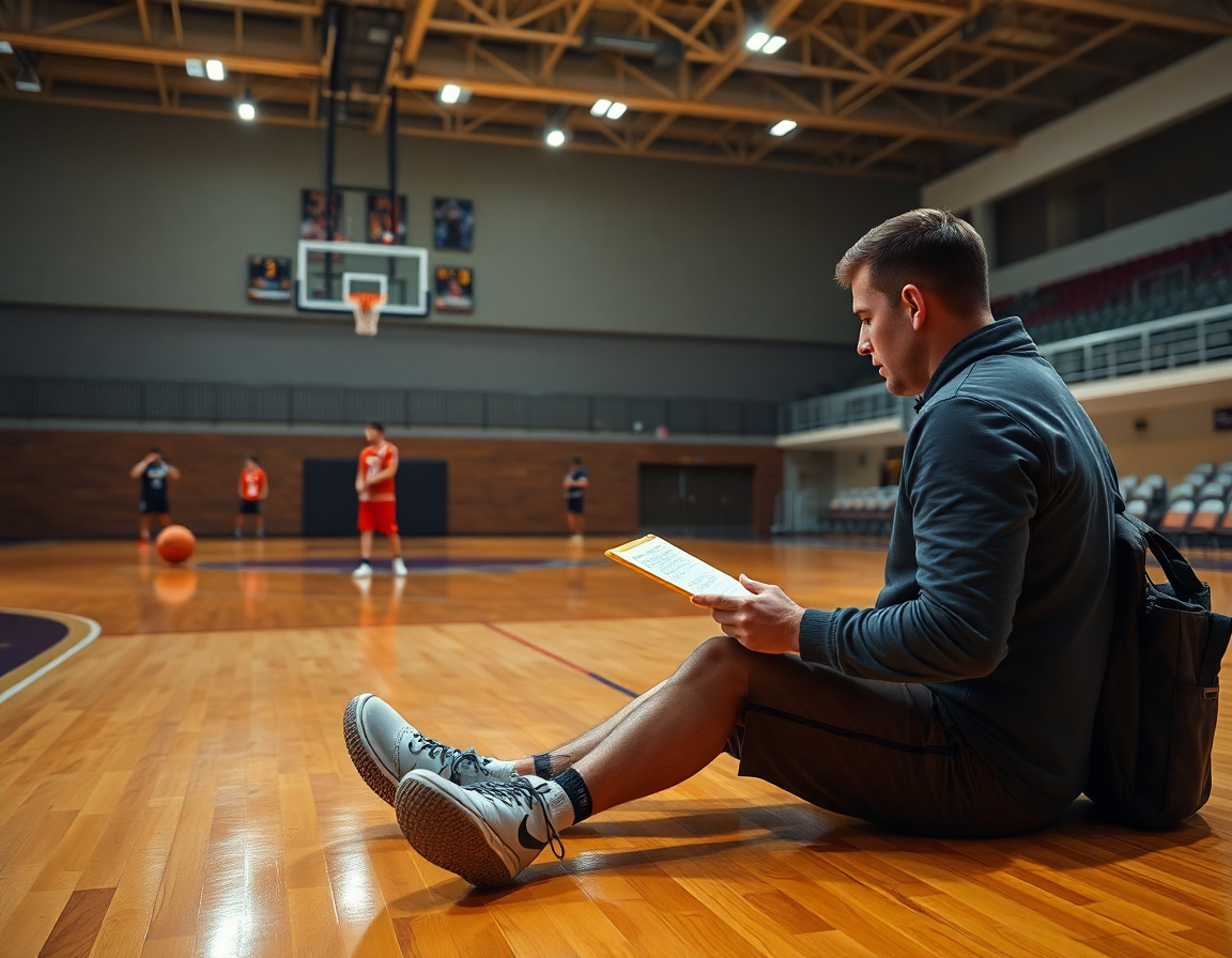Miembro del staff revisando clips de baloncesto para scouting, mostrando como entrenar un equipo de baloncesto.