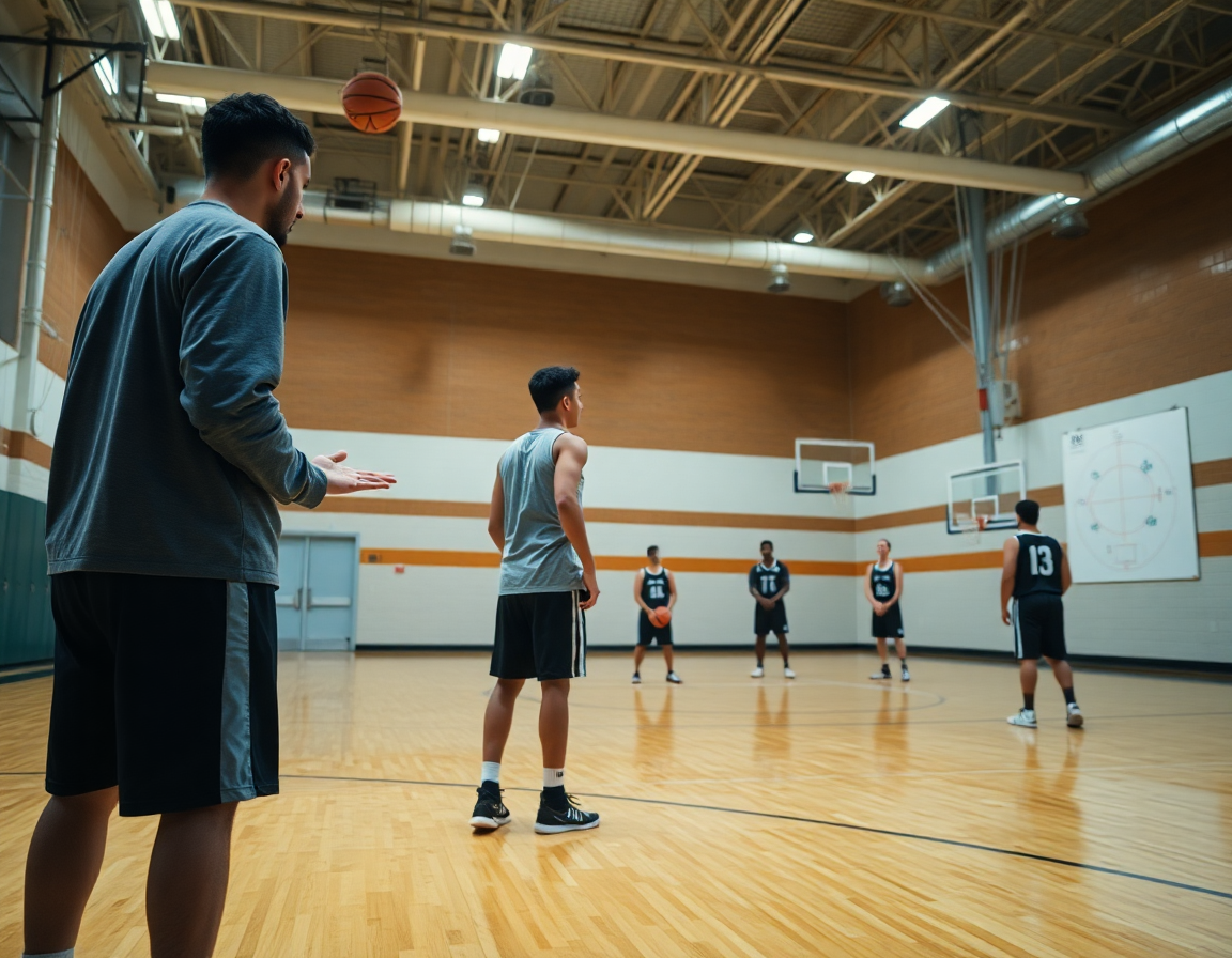 Coach explica como mejorar la mecanica de tiro en baloncesto durante drill de tiro frente a la pizarra.